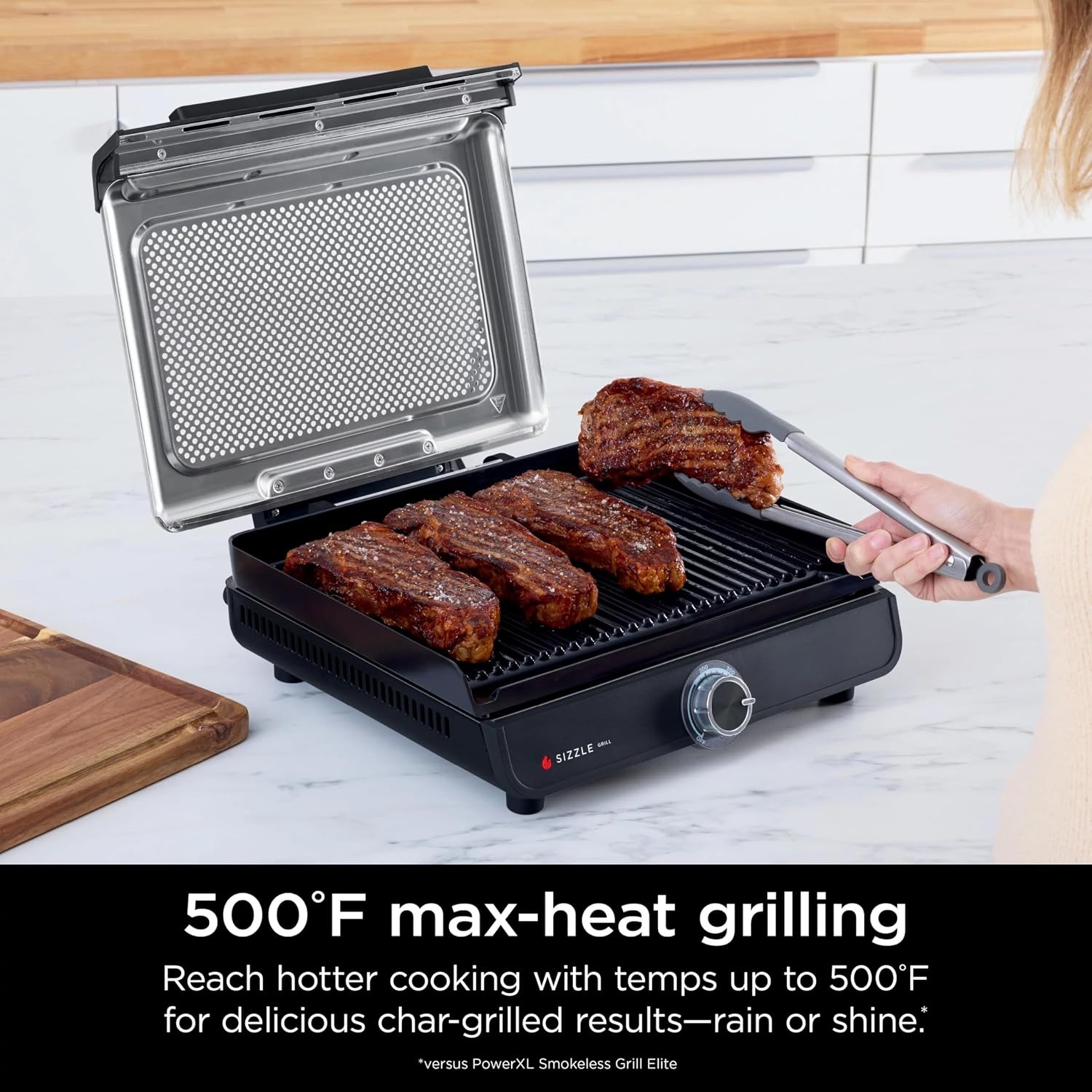 image:imageNinja GR100 Sizzle Smokeless Indoor Grill with Nonstick Grill Plate DishwasherSafe Removable Mesh Lid 500F Max Heat Even EdgetoEdge Cooking Black RenewedSizzle Indoor Grill