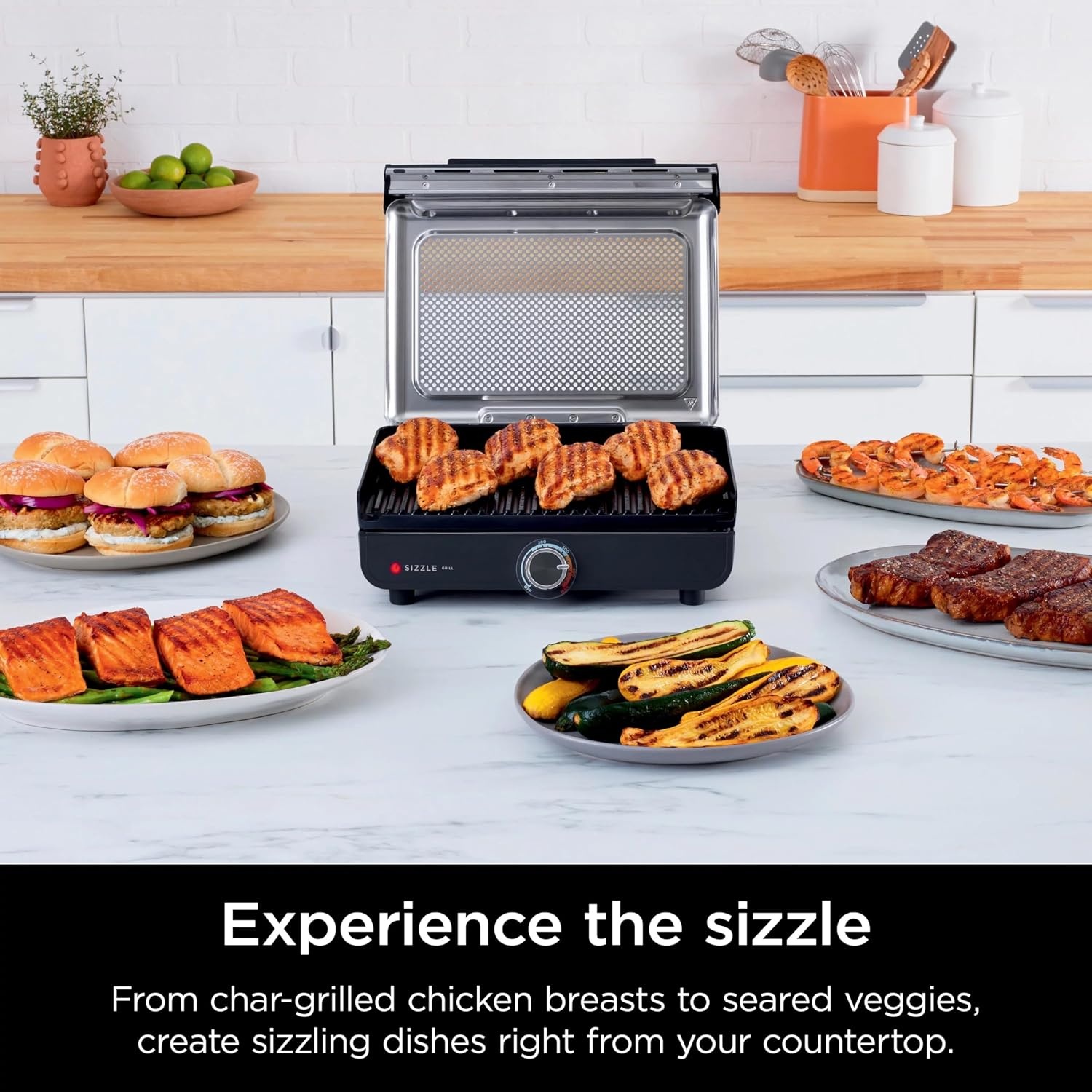image:imageNinja GR100 Sizzle Smokeless Indoor Grill with Nonstick Grill Plate DishwasherSafe Removable Mesh Lid 500F Max Heat Even EdgetoEdge Cooking Black RenewedSizzle Indoor Grill
