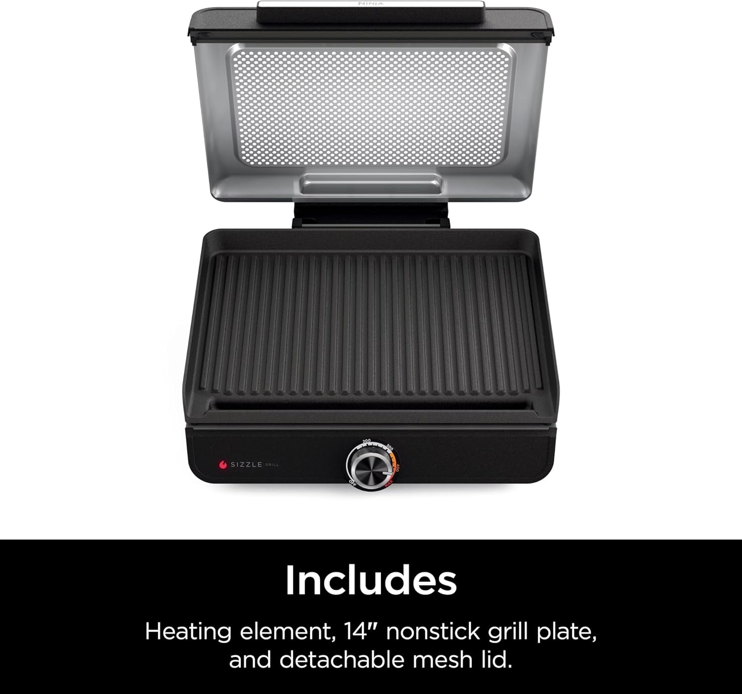 image:imageNinja GR100 Sizzle Smokeless Indoor Grill with Nonstick Grill Plate DishwasherSafe Removable Mesh Lid 500F Max Heat Even EdgetoEdge Cooking Black RenewedSizzle Indoor Grill