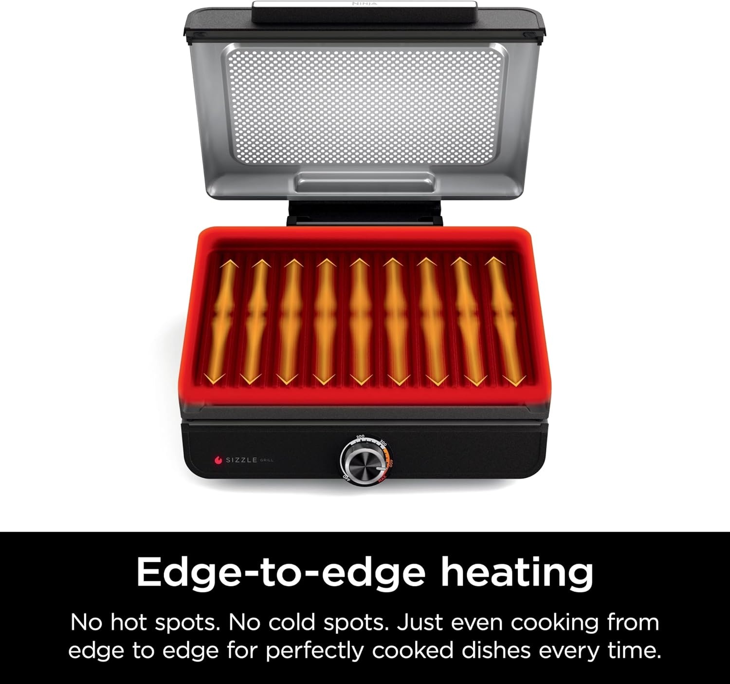 image:imageNinja GR100 Sizzle Smokeless Indoor Grill with Nonstick Grill Plate DishwasherSafe Removable Mesh Lid 500F Max Heat Even EdgetoEdge Cooking Black RenewedSizzle Indoor Grill