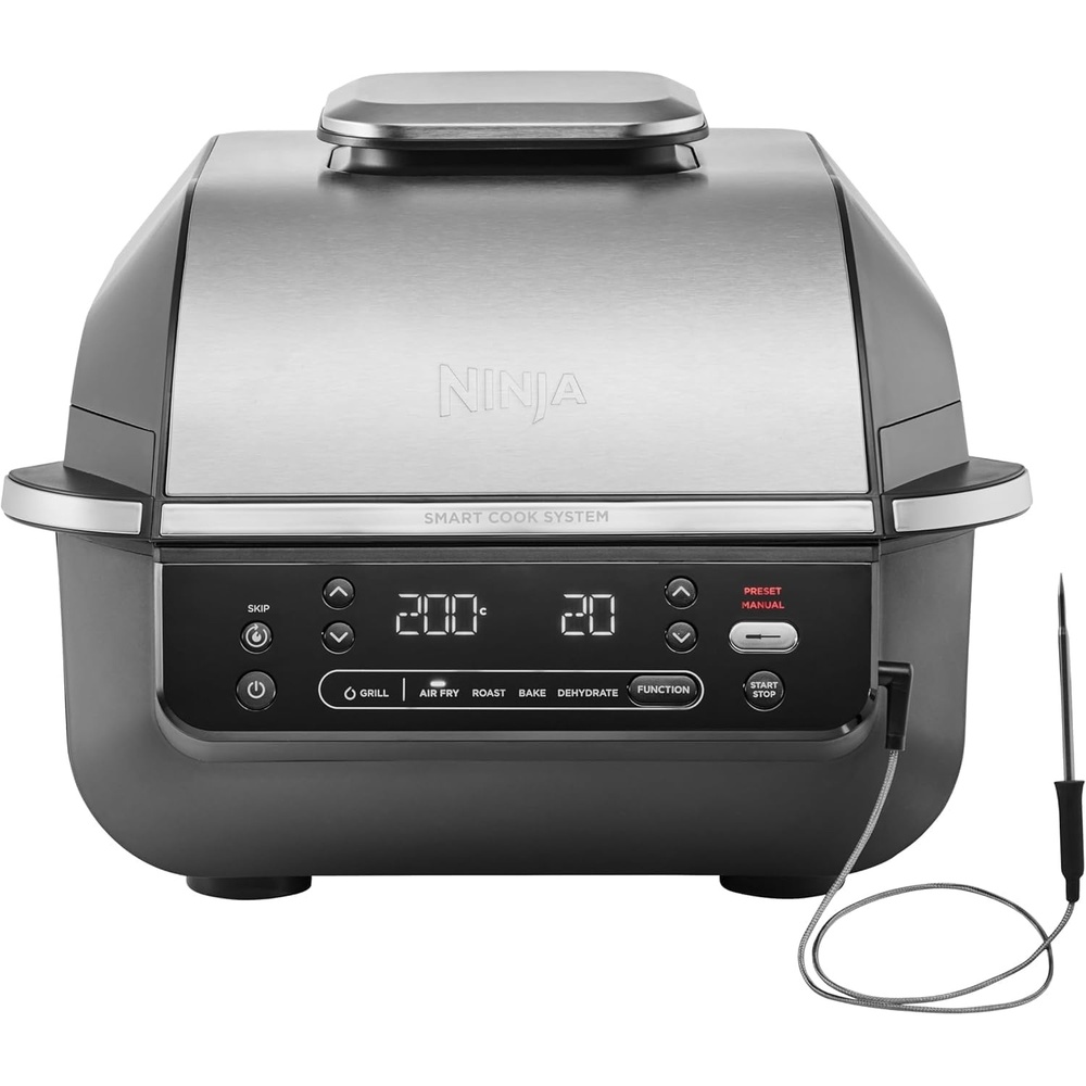 image:imageNinja 5in1 Indoor Grill and Oil Free Deep Fryer 5 Modes EG351EU Cooks up to 4 burgers 57L capacity low smoke emission digital meat thermometer included