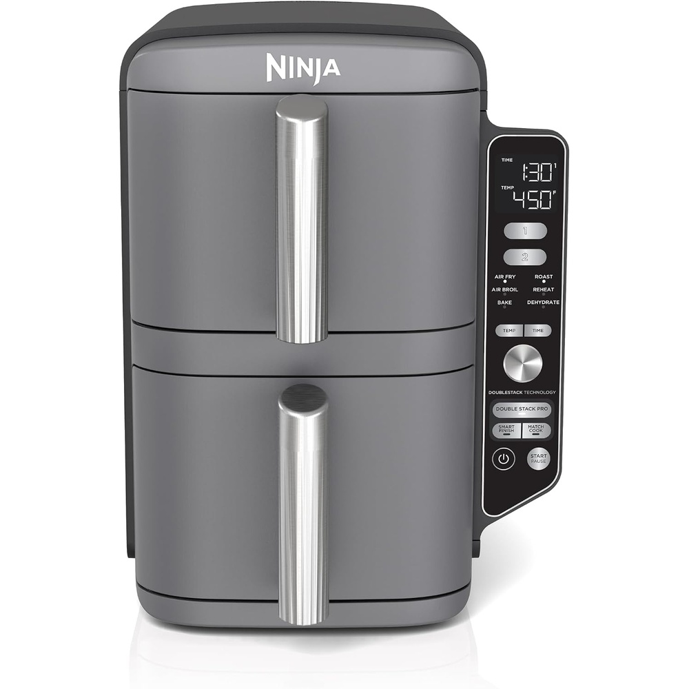 image:imageNinja Air Fryer DoubleStack 8 Qt 6in1 Black SL201 Air fry broil roast bake reheat dehydrate Cooks 4 foods at once Smart Finish Match Cook10 QT