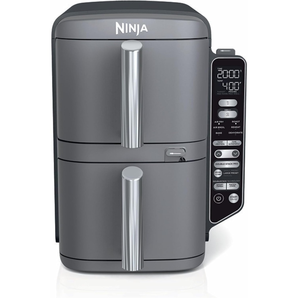 image:imageNinja Air Fryer DoubleStack 8 Qt 6in1 Black SL201 Air fry broil roast bake reheat dehydrate Cooks 4 foods at once Smart Finish Match Cook100 Qt