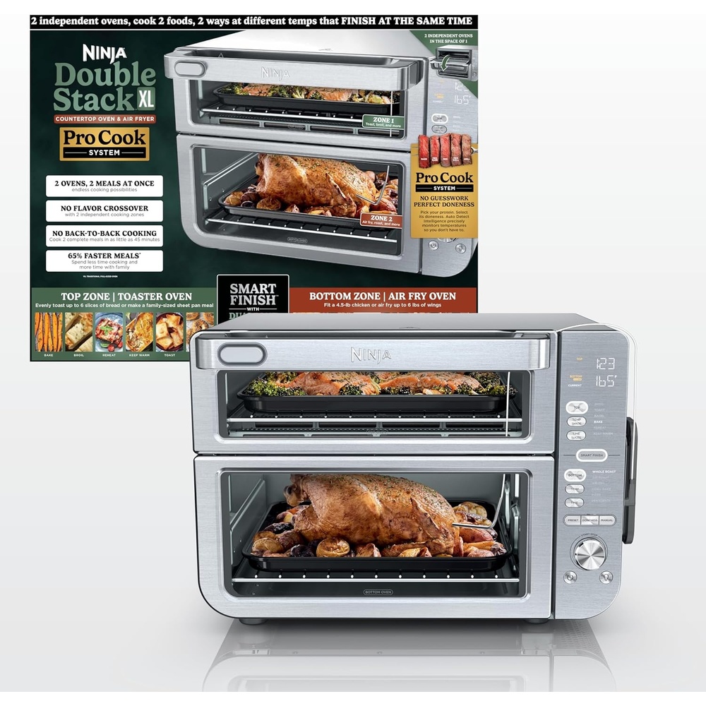 image:imageNinja DCT451 12in1 Smart Double Oven with FlexDoor Thermometer FlavorSeal Smart Finish Rapid Top Convection and Air Fry Bottom Stainless Steel Smart Cook thermometer FlavorSeal Smart Finish Air fry bake broil roast pizza12in1 Prestige