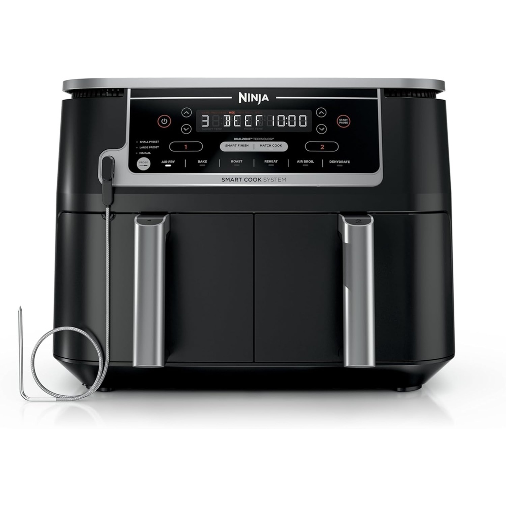 image:imageNinja DZ550 Foodi 10 Quart 6in1 DualZone Smart XL Air Fryer with 2 Independent Baskets Cook Thermometer for Perfect Doneness Match and Finish to Roast Dehydrate and More Black  Air fry roast broil bake reheat dehydrate Smart Cook thermometer Match Cook Smart Finish10QT  DualZone w probe