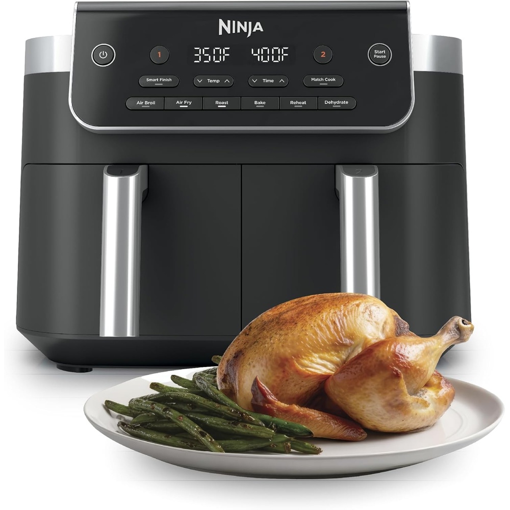 image:imageNinja DZ550 Foodi 10 Quart 6in1 DualZone Smart XL Air Fryer with 2 Independent Baskets Cook Thermometer for Perfect Doneness Match and Finish to Roast Dehydrate and More Black Air fry roast broil bake reheat dehydrate Smart Cook thermometer Match Cook Smart Finish8QT DualZone 2026 Release