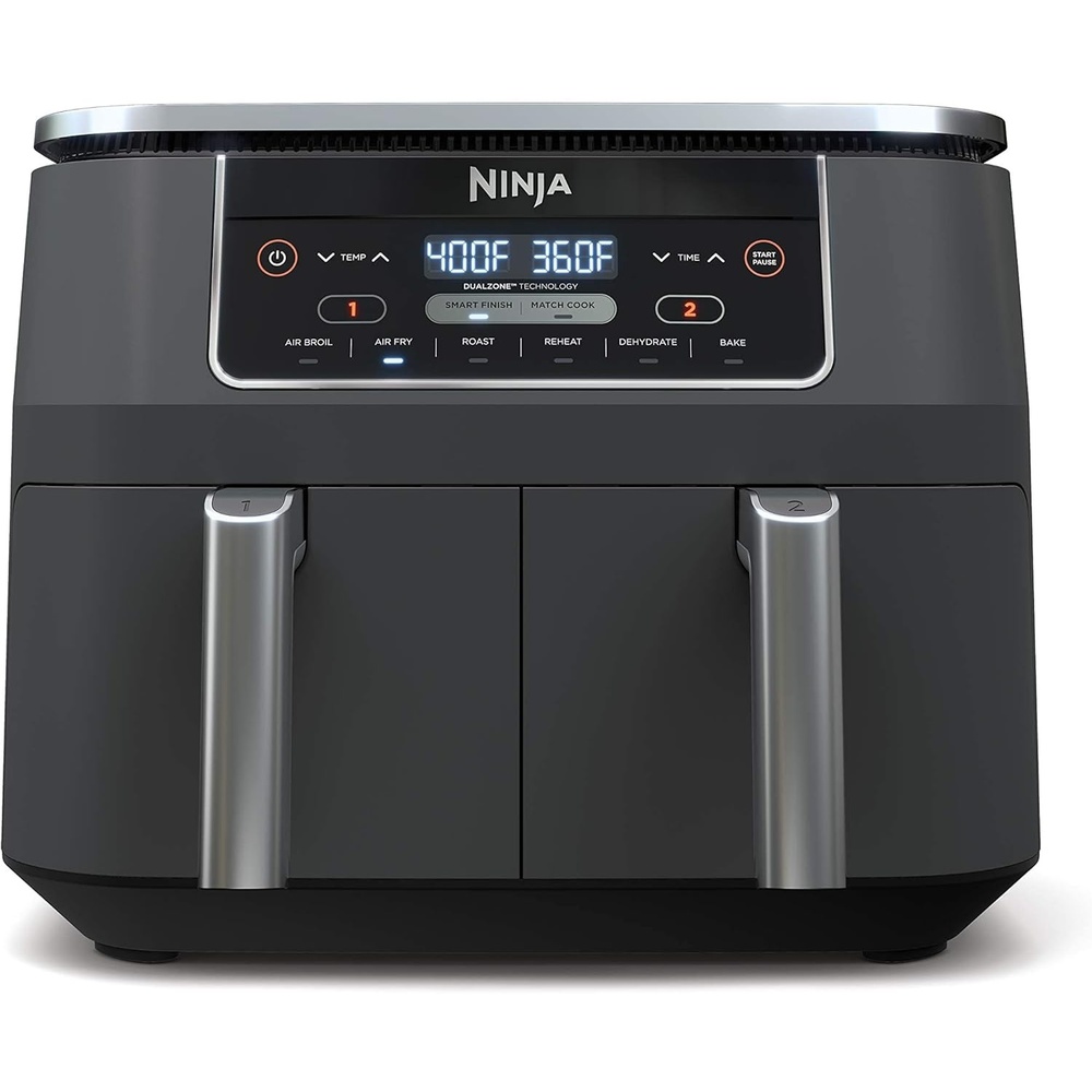 image:imageNinja DZ550 Foodi 10 Quart 6in1 DualZone Smart XL Air Fryer with 2 Independent Baskets Cook Thermometer for Perfect Doneness Match and Finish to Roast Dehydrate and More Black Air fry roast broil bake reheat dehydrate Smart Cook thermometer Match Cook Smart Finish8QT DualZone