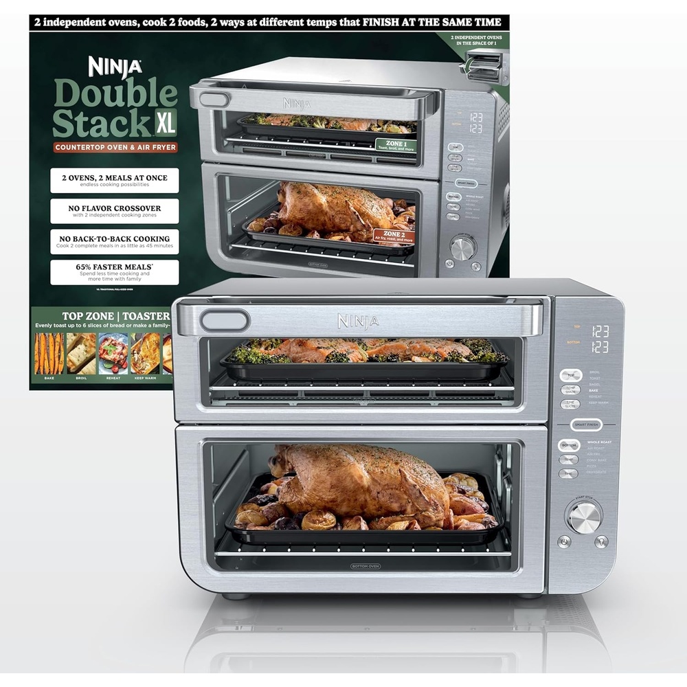 image:imageNinja Double Oven 12in1 FlexDoor Stainless Steel DCT401 FlavorSeal Smart Finish Air fry bake broil roast toast pizza fits 6 lbs wings12in1 XL Prestige