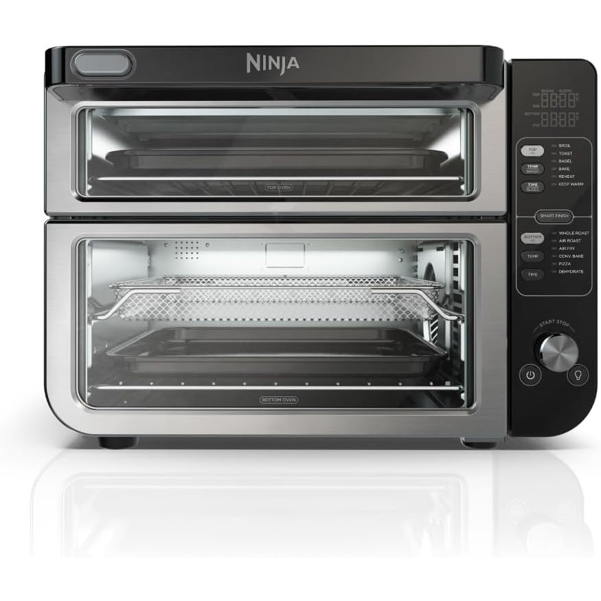 image:imageNinja Double Oven 12in1 FlexDoor Stainless Steel DCT401 FlavorSeal Smart Finish Air fry bake broil roast toast pizza fits 6 lbs wings12in1 XL w Flexdoor