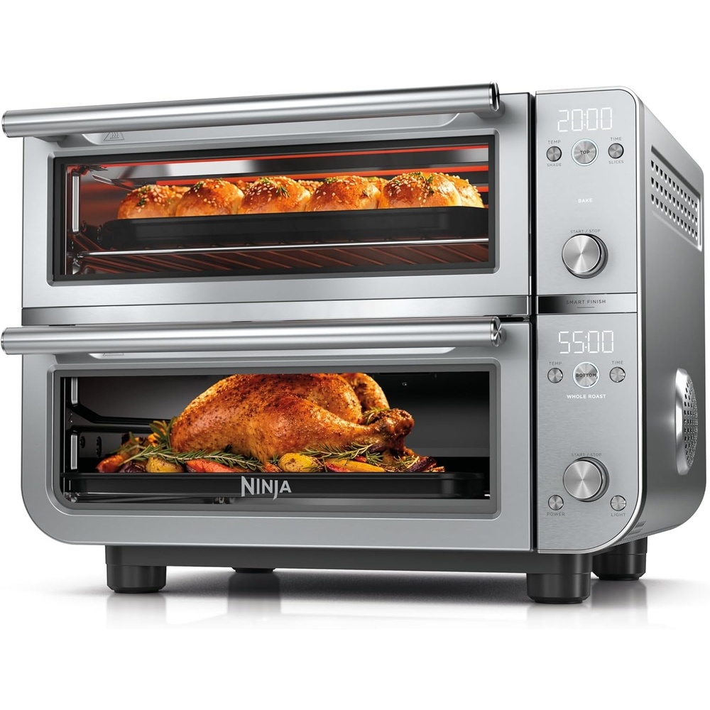 image:imageNinja Double Oven Pro Smart XL 302 Qt 12in1 Stainless Steel DCT801 DualZone Smart Finish Fits 45 lb chicken Air fry bake broil roast toast pizzaPrestige Silver