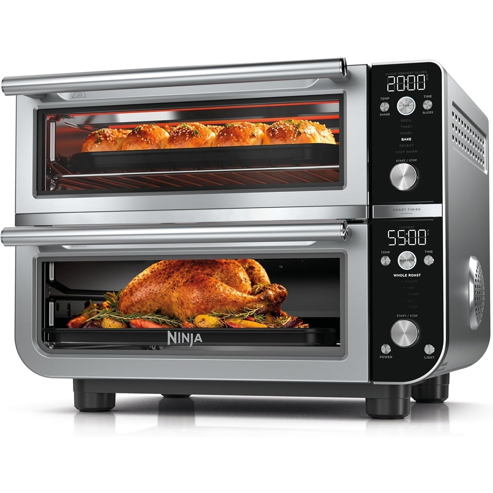 image:imageNinja Double Oven Pro Smart XL 302 Qt 12in1 Stainless Steel DCT801 DualZone Smart Finish Fits 45 lb chicken Air fry bake broil roast toast pizzaSilverBlack