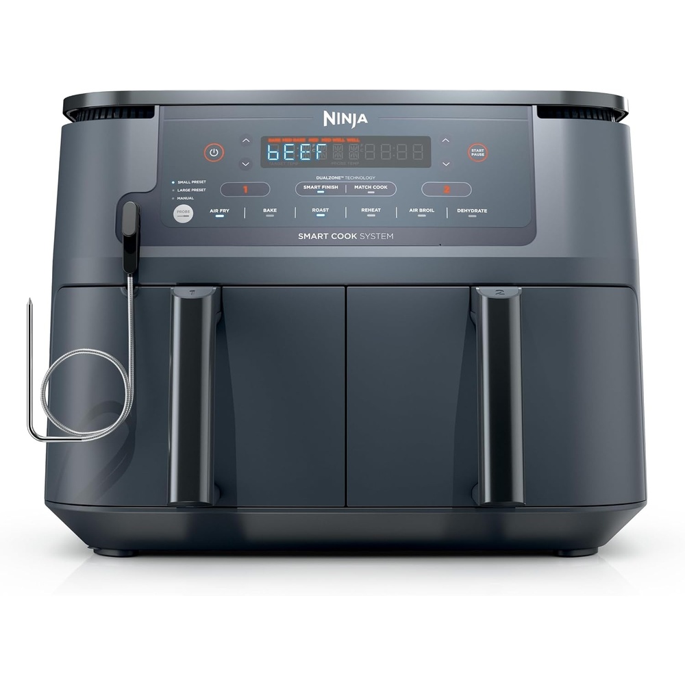 image:imageNinja Foodi Air Fryer 10 Qt DualZone Smart XL 6in1 Grey DZ550GY Air fry roast broil bake reheat dehydrate Smart Cook thermometer Stainless steel10QT wThermometer GREY