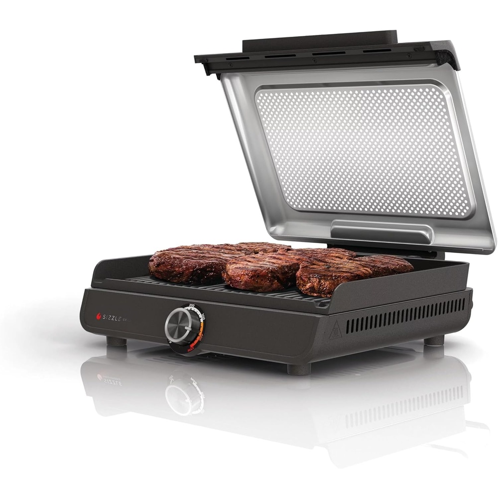image:imageNinja GR100 Sizzle Smokeless Indoor Grill with Nonstick Grill Plate DishwasherSafe Removable Mesh Lid 500F Max Heat Even EdgetoEdge Cooking Black RenewedSizzle Indoor Grill