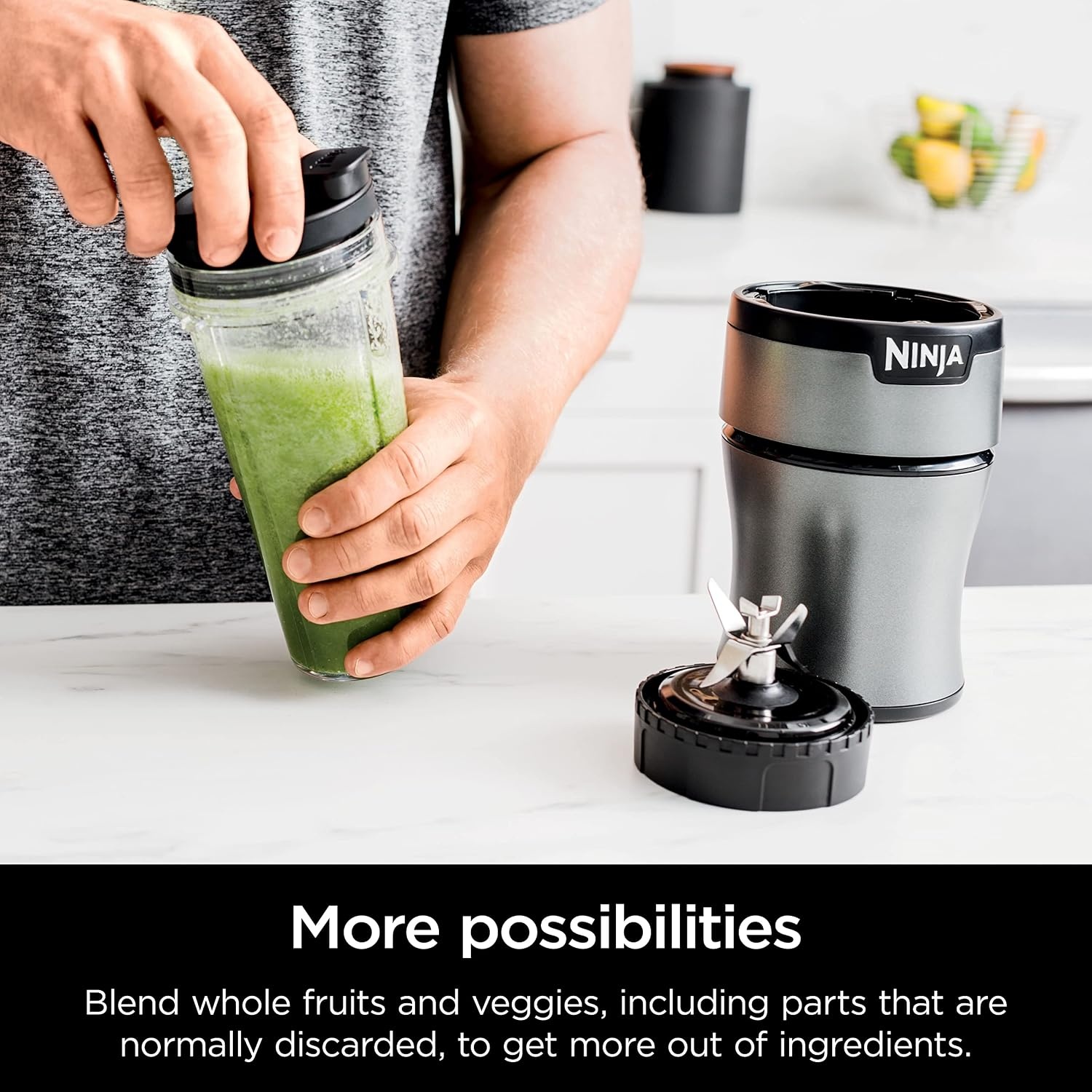 image:imageNinja BN300C Personal NutriBlender With IceCrushing Technology BlackSilver 700W Crushes ice amp pulverizes ingredients for smoothies amp shakes 2 20oz591mL togo cups w lids