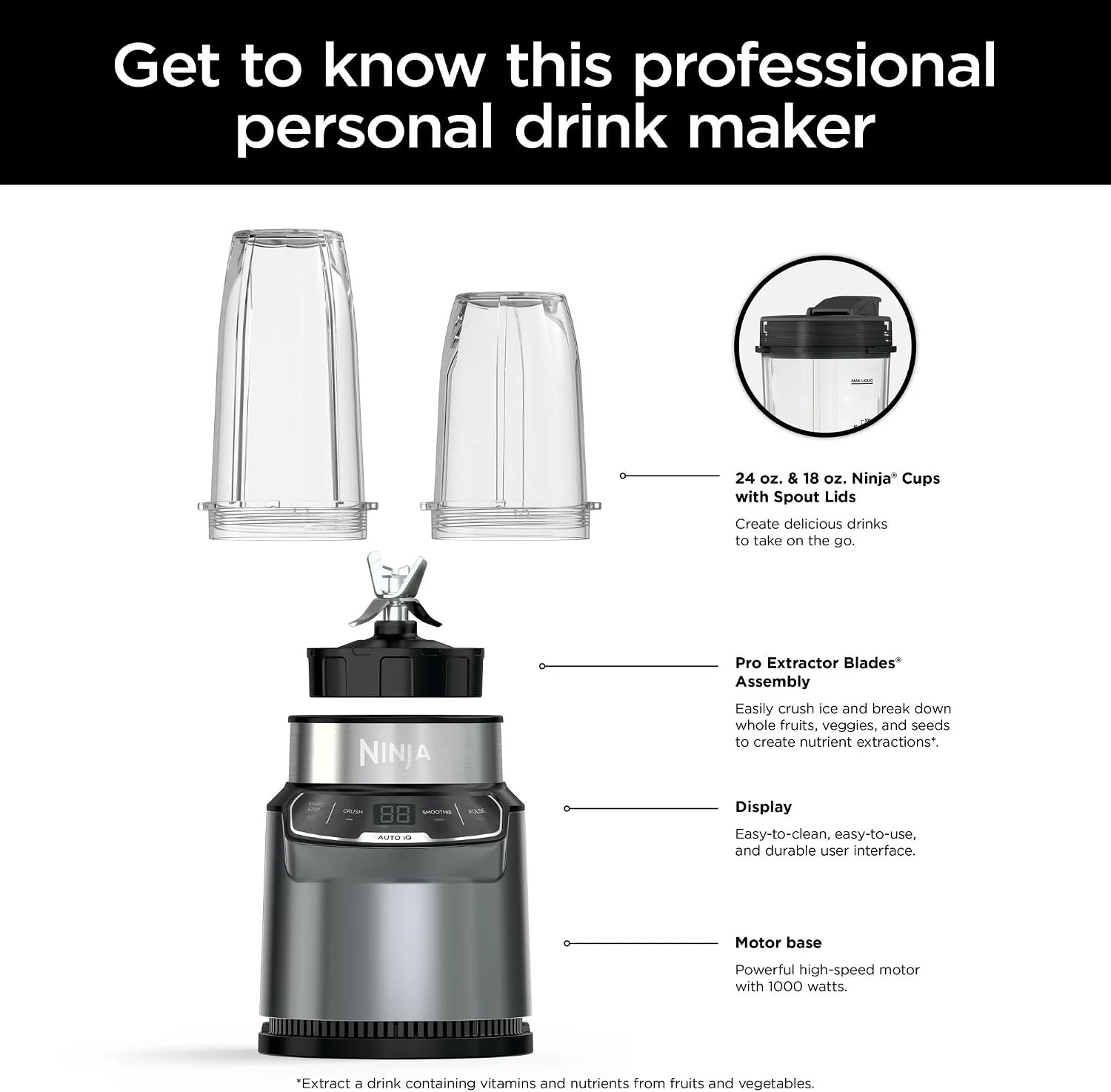 image:imageNinja BN400 Nutri Pro Compact Personal Blender AutoiQ Technology 1000Watts for Frozen Drinks Smoothies Sauces amp More with 18oz amp 24oz ToGo Cups amp Spout Lids Stone Silver Renewed