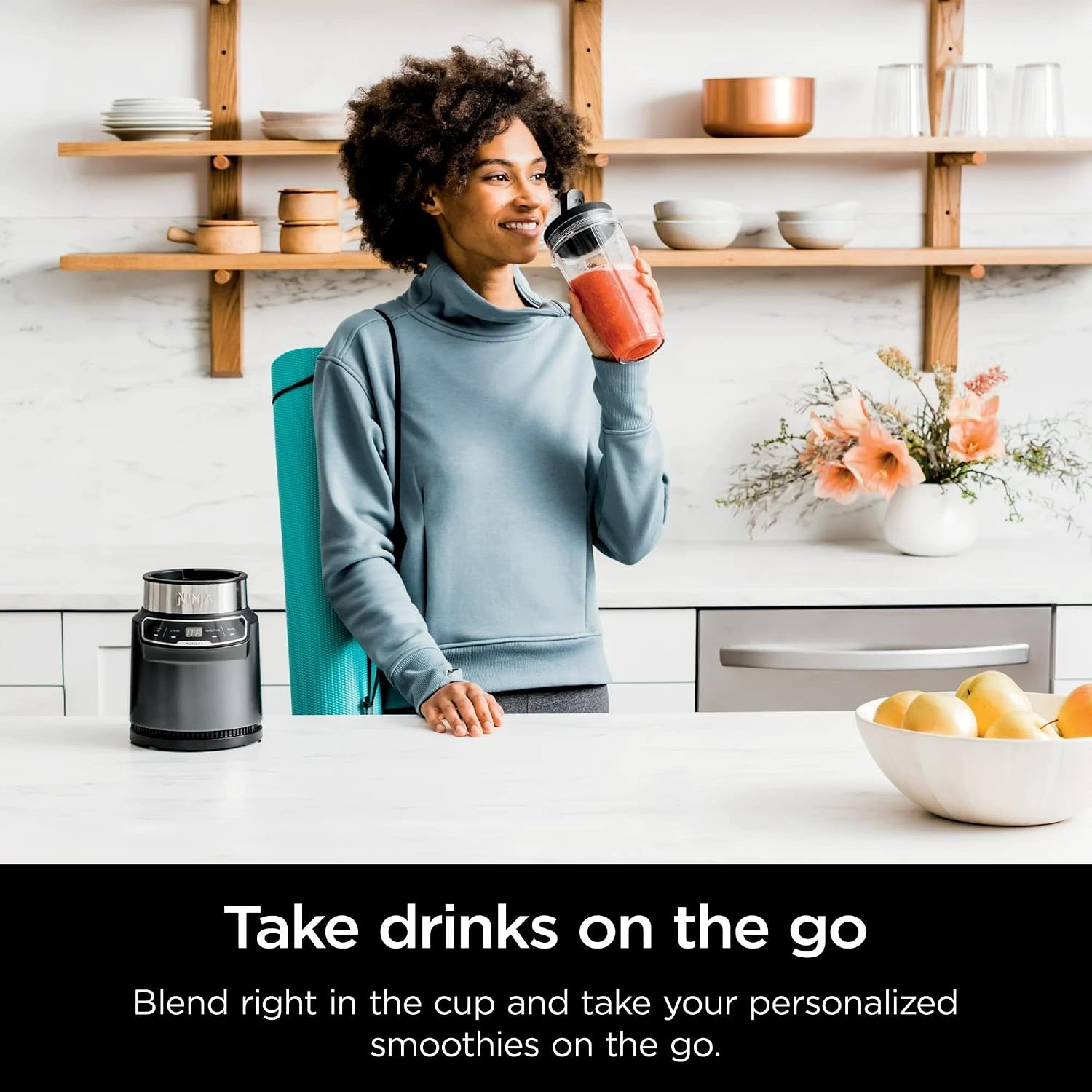 image:imageNinja BN400 Nutri Pro Compact Personal Blender AutoiQ Technology 1000Watts for Frozen Drinks Smoothies Sauces amp More with 18oz amp 24oz ToGo Cups amp Spout Lids Stone Silver Renewed