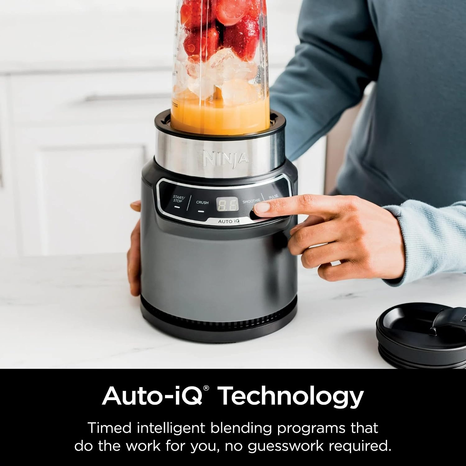 image:imageNinja BN400 Nutri Pro Compact Personal Blender AutoiQ Technology 1000Watts for Frozen Drinks Smoothies Sauces amp More with 18oz amp 24oz ToGo Cups amp Spout Lids Stone Silver Renewed
