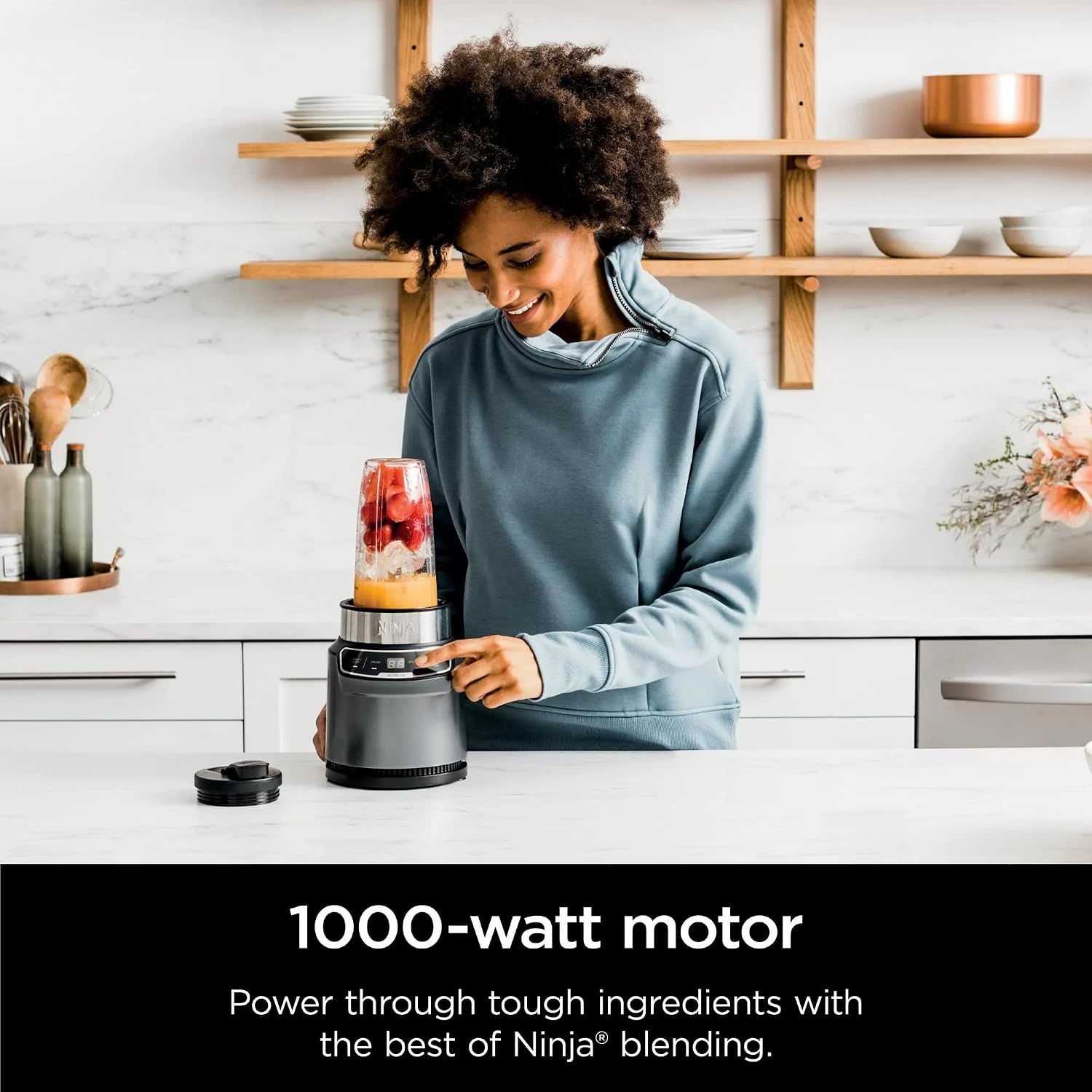 image:imageNinja BN400 Nutri Pro Compact Personal Blender AutoiQ Technology 1000Watts for Frozen Drinks Smoothies Sauces amp More with 18oz amp 24oz ToGo Cups amp Spout Lids Stone Silver Renewed