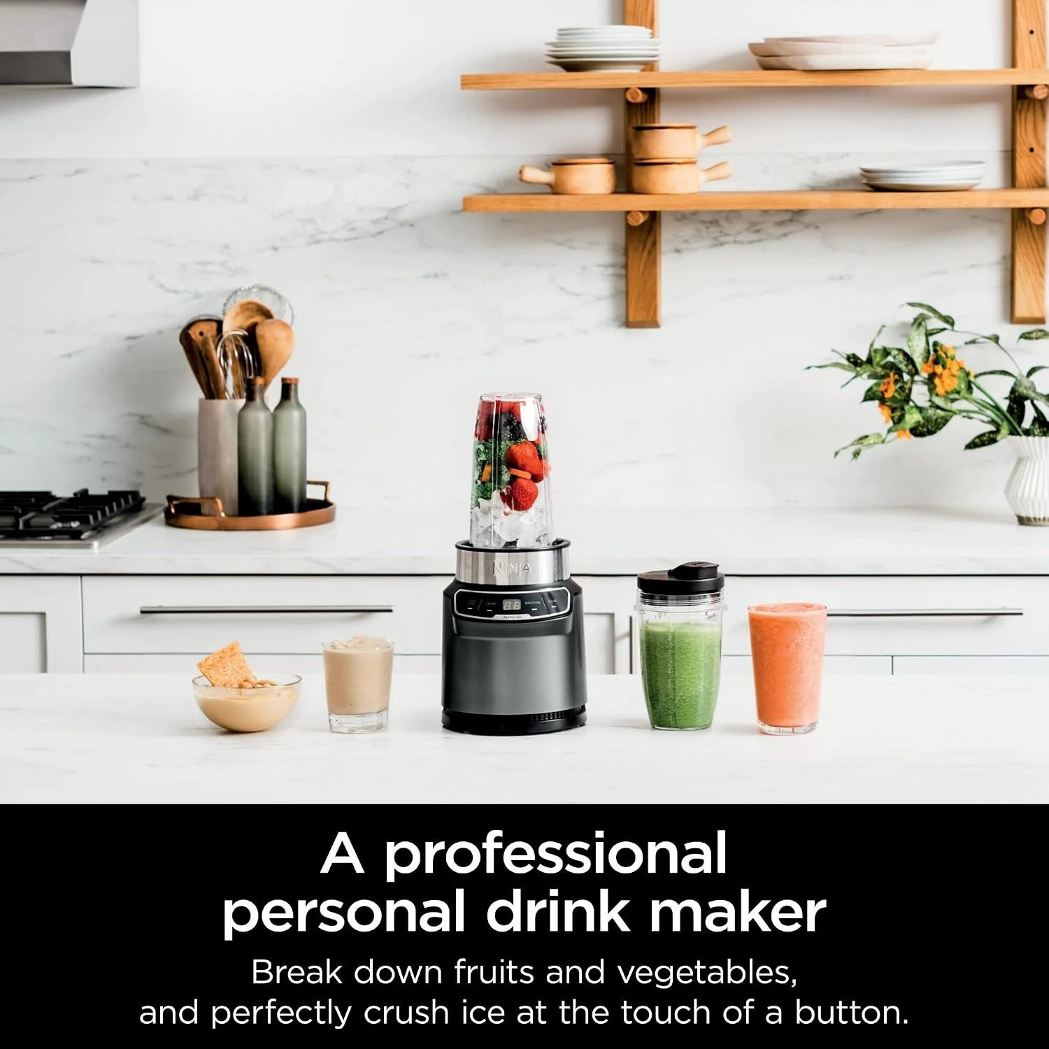 image:imageNinja BN400 Nutri Pro Compact Personal Blender AutoiQ Technology 1000Watts for Frozen Drinks Smoothies Sauces amp More with 18oz amp 24oz ToGo Cups amp Spout Lids Stone Silver Renewed