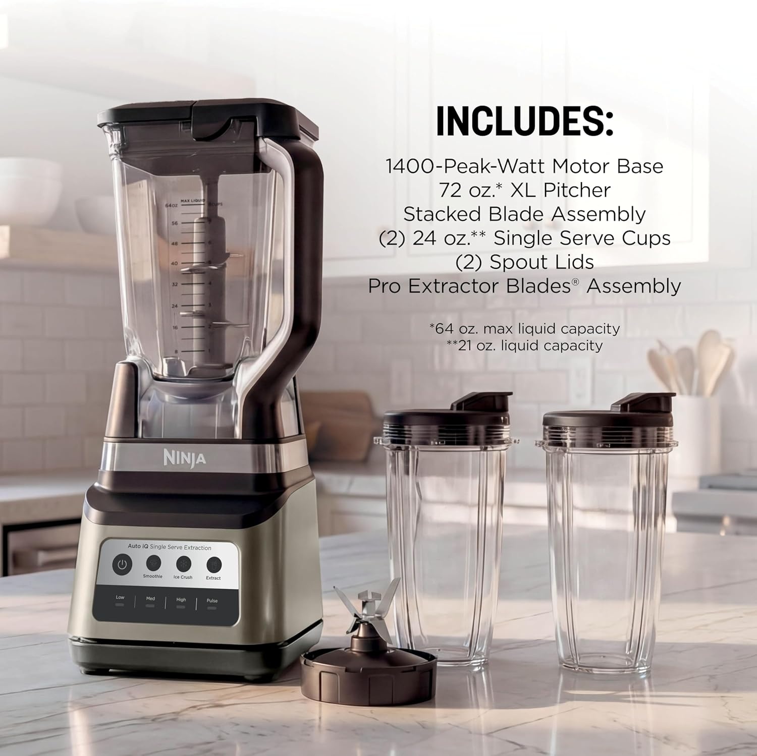 image:imageNinja BN751 Professional Plus DUO Blender 1400 Peak Watts 3 AutoIQ Programs for Smoothies Frozen Drinks amp Nutrient Extractions 72oz Total Crushing Pitcher amp 2 24 oz ToGo Cups Black 1400 peakwatt Total Crushing amp Extractor blades 3 AutoiQ programs for smoothies 72oz pitcher 2 24oz cupsPro Plus DUO BlendSand