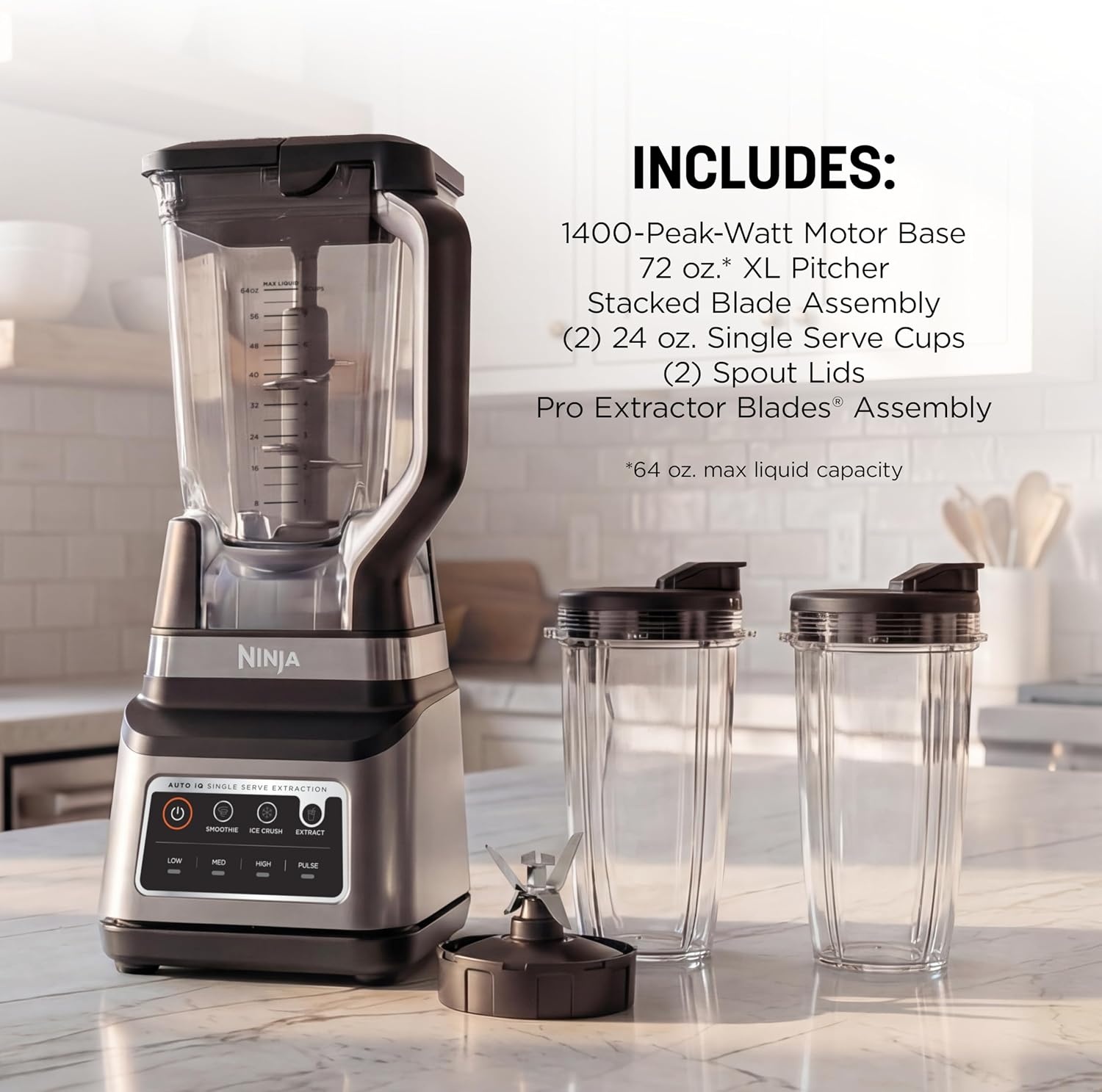image:imageNinja BN751 Professional Plus DUO Blender 1400 Peak Watts 3 AutoIQ Programs for Smoothies Frozen Drinks amp Nutrient Extractions 72oz Total Crushing Pitcher amp 2 24 oz ToGo Cups Black 1400 peakwatt Total Crushing amp Extractor blades 3 AutoiQ programs for smoothies 72oz pitcher 2 24oz cupsPro Plus DUO BlendGrey