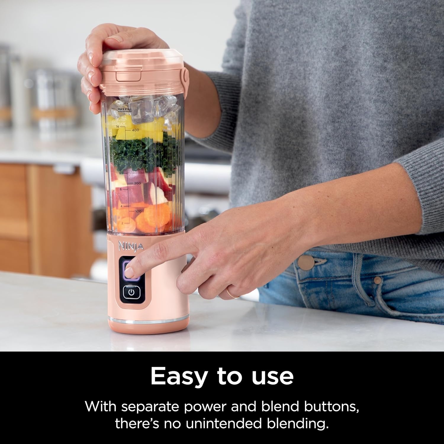 image:imageNinja Blast Portable Blender Cordless 18oz Vessel Lavender BC151ML USBC rechargeable cordless blending anywhere BlastBlade crushes ice amp frozen fruit Leakproof sip lid dishwasher safePeach Stone