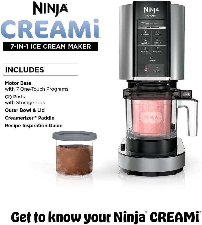 image:imageNinja CREAMi 7in1 Ice Cream Maker Ice Cream Gelato amp more NC299AMZ Ninja CREAMi transforms frozen bases into ice cream sorbet and milkshakes at a button touch from healthy to indulgentCREAMi 7in1 w 2 Pints