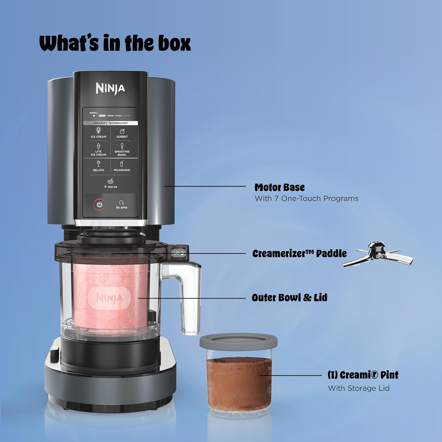 image:imageNinja CREAMi 7in1 Ice Cream Maker Ice Cream Gelato amp more NC299AMZ Ninja CREAMi transforms frozen bases into ice cream sorbet and milkshakes at a button touch from healthy to indulgentCREAMi 7in1 w 1 Pint