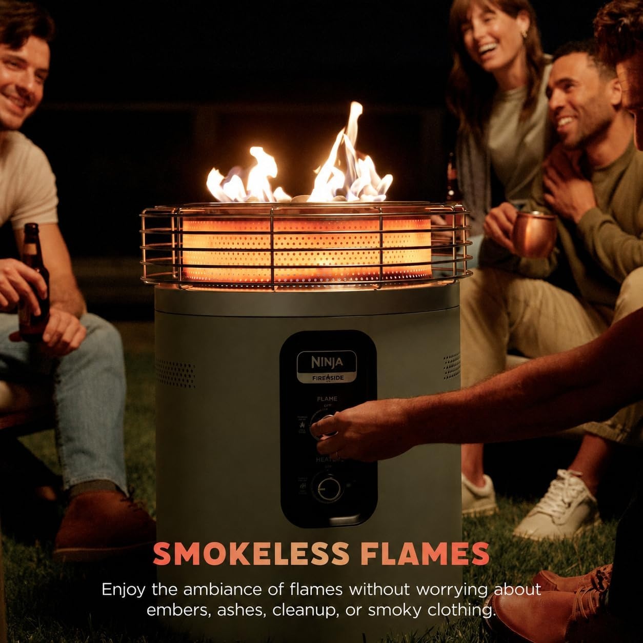 image:imageNinja Fireside360 Fire PitHeater 80000 BTU 3 Modes Rust Ninja Fireside360 offers flame heat or both with up to 80000 BTUs hasslefree dial control and smokeless designMoss
