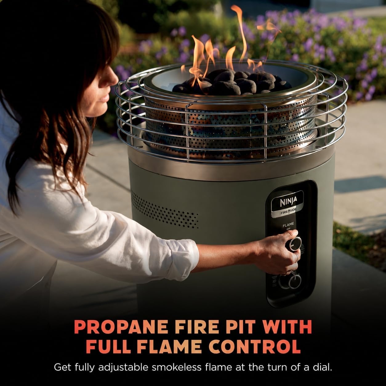 image:imageNinja Fireside360 Fire PitHeater 80000 BTU 3 Modes Rust Ninja Fireside360 offers flame heat or both with up to 80000 BTUs hasslefree dial control and smokeless designMoss