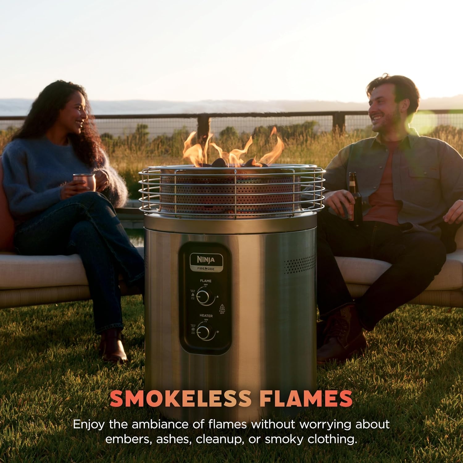 image:imageNinja Fireside360 Fire PitHeater 80000 BTU 3 Modes Rust Ninja Fireside360 offers flame heat or both with up to 80000 BTUs hasslefree dial control and smokeless designStainless Steel
