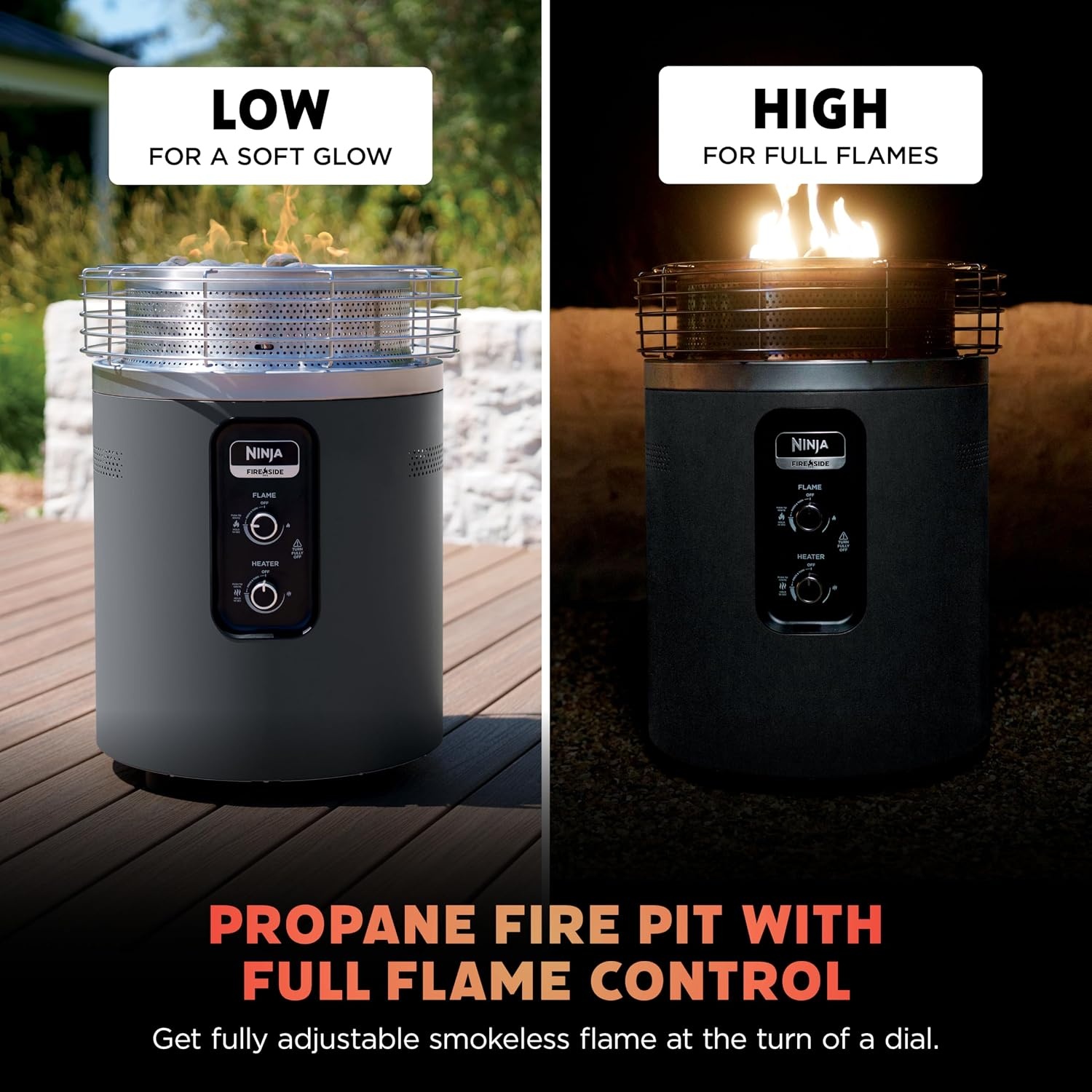 image:imageNinja Fireside360 Fire PitHeater 80000 BTU 3 Modes Rust Ninja Fireside360 offers flame heat or both with up to 80000 BTUs hasslefree dial control and smokeless designCharcoal
