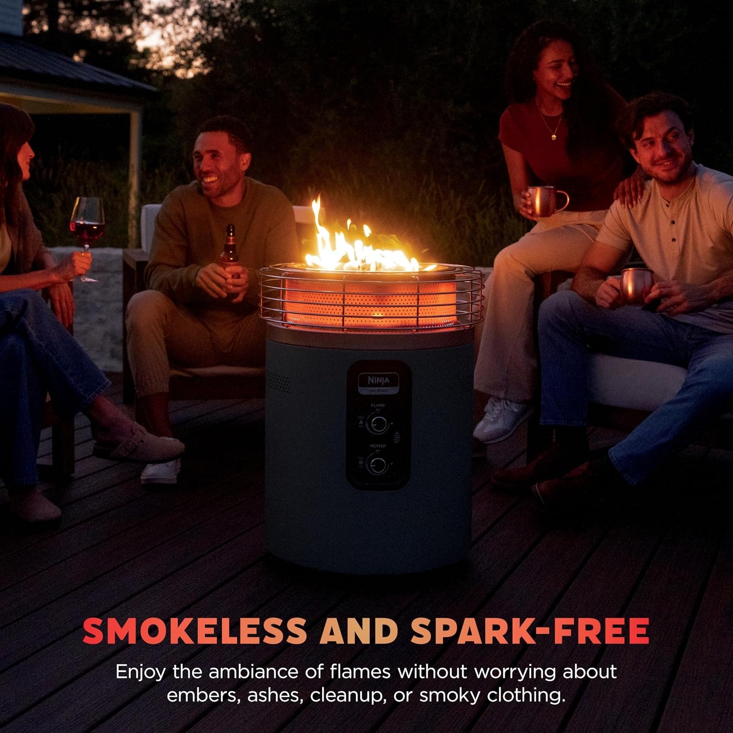 image:imageNinja Fireside360 Fire PitHeater 80000 BTU 3 Modes Rust Ninja Fireside360 offers flame heat or both with up to 80000 BTUs hasslefree dial control and smokeless designCharcoal