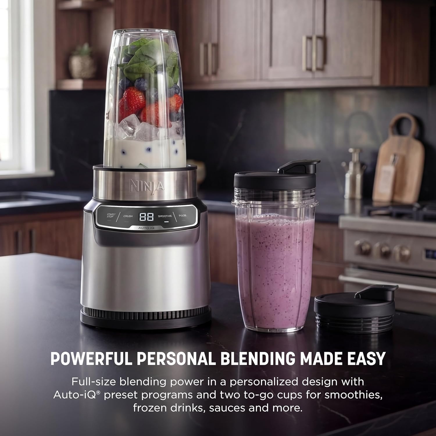 image:imageNinja Fit Compact Personal Blender 700W 2 16oz Cups QB3001SS 700watt base blends smoothies shakes amp frozen drinks 2 16oz togo cups w spout lids Dishwasher safeAuto Blend