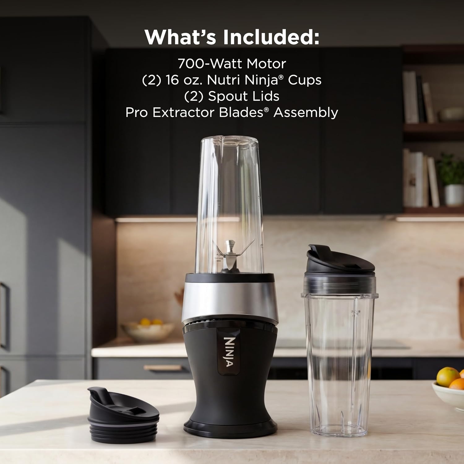 image:imageNinja Fit Compact Personal Blender 700W 2 16oz Cups QB3001SS 700watt base blends smoothies shakes amp frozen drinks 2 16oz togo cups w spout lids Dishwasher safePush to blend