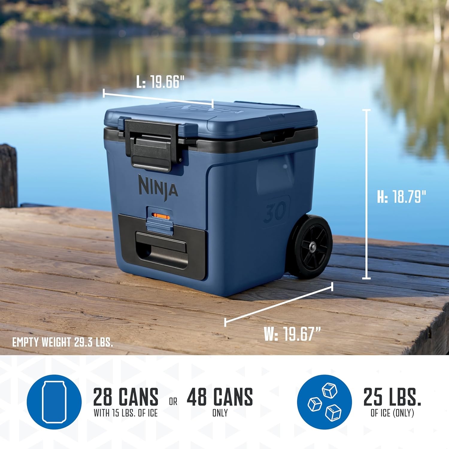 image:imageNinja FrostVault 30qt Cooler with Wheels Dry Storage Lakeshore Blue Ninja FrostVaults 30qt capacity holds 48 cans keeps food cool amp dry and rolls easily on allterrain wheelsLakeshore Blue