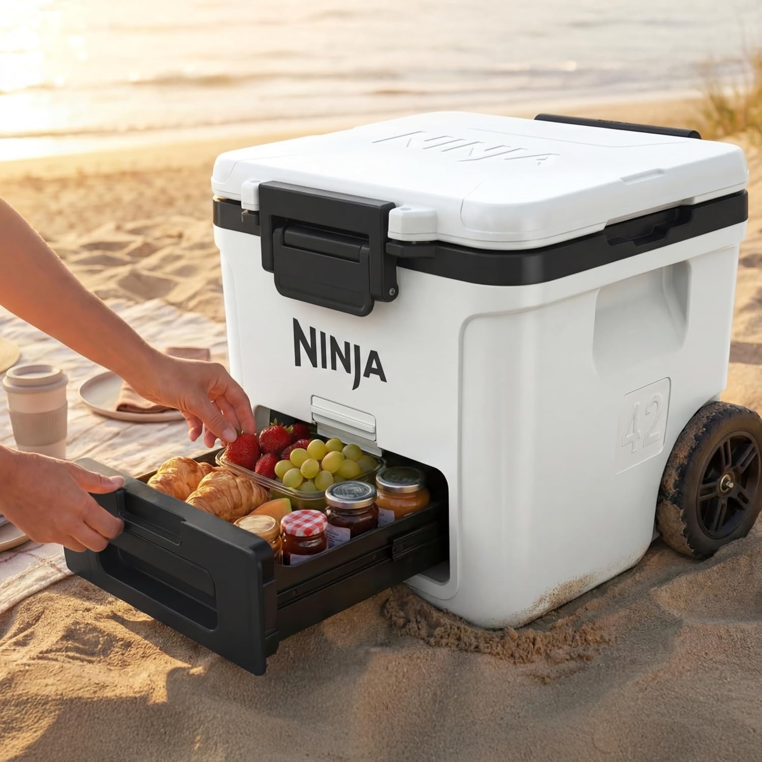 image:imageNinja FrostVault 30qt Cooler with Wheels Dry Storage Lakeshore Blue Ninja FrostVaults 30qt capacity holds 48 cans keeps food cool amp dry and rolls easily on allterrain wheelsCharcoal Grey