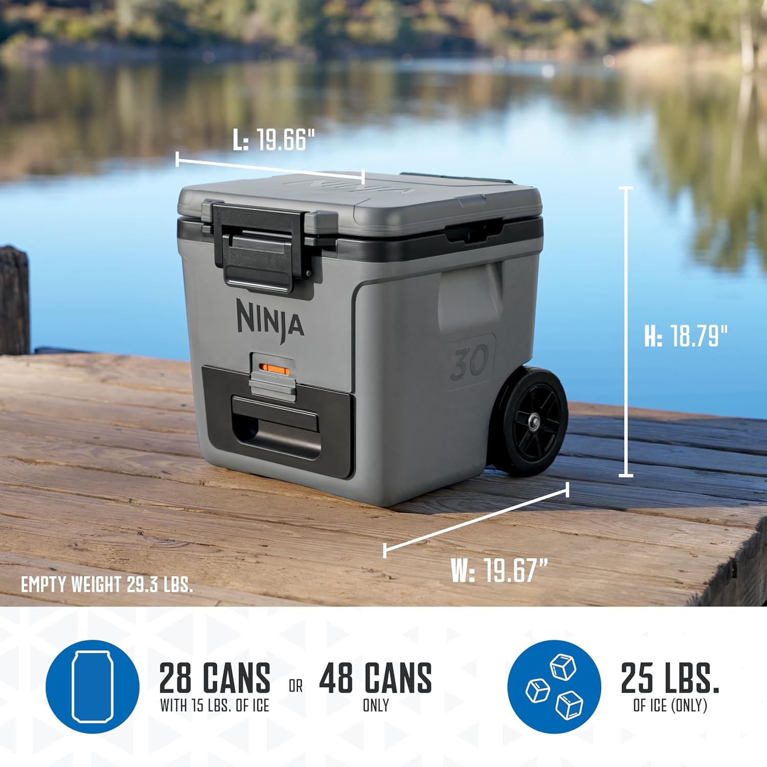 image:imageNinja FrostVault 30qt Cooler with Wheels Dry Storage Lakeshore Blue Ninja FrostVaults 30qt capacity holds 48 cans keeps food cool amp dry and rolls easily on allterrain wheelsCharcoal Grey