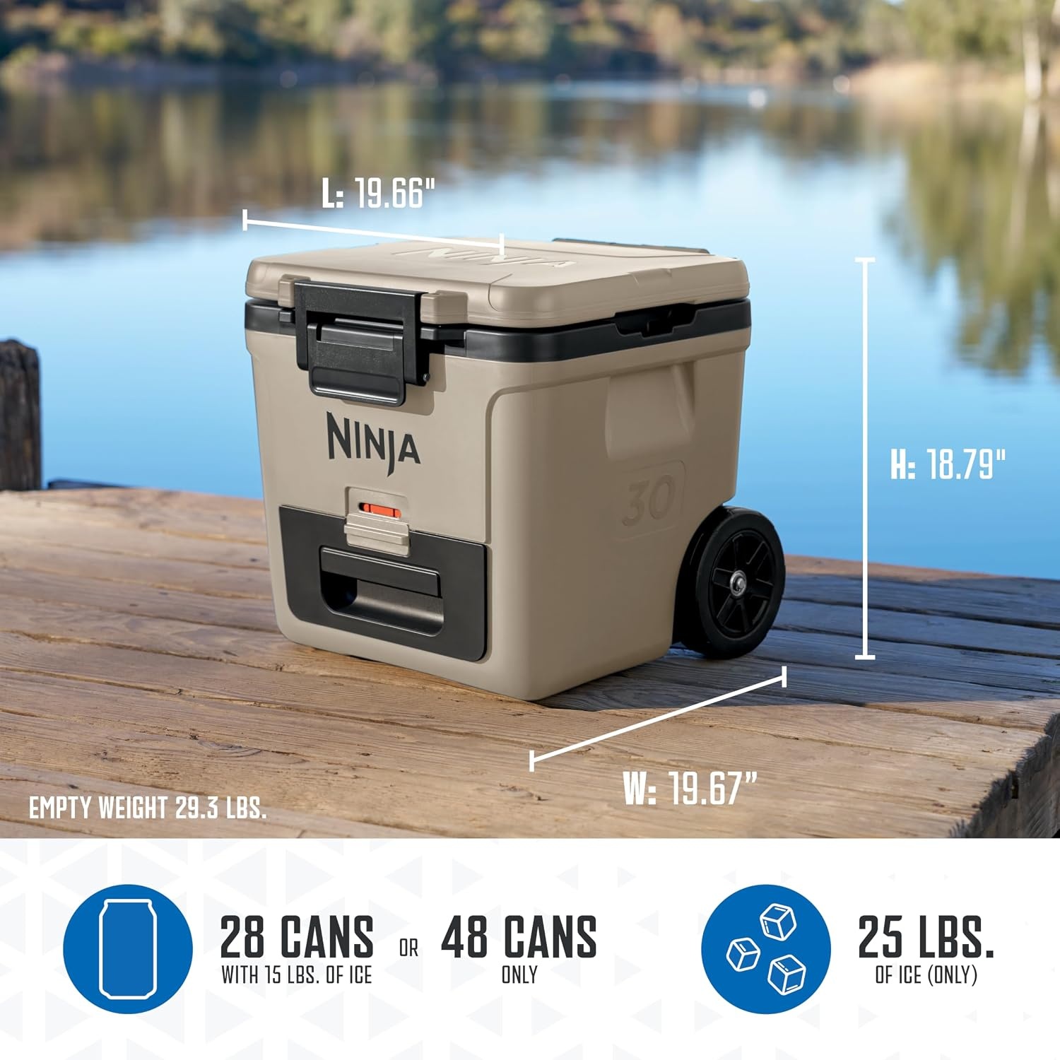 image:imageNinja FrostVault 30qt Cooler with Wheels Dry Storage Lakeshore Blue Ninja FrostVaults 30qt capacity holds 48 cans keeps food cool amp dry and rolls easily on allterrain wheelsBirch Beige