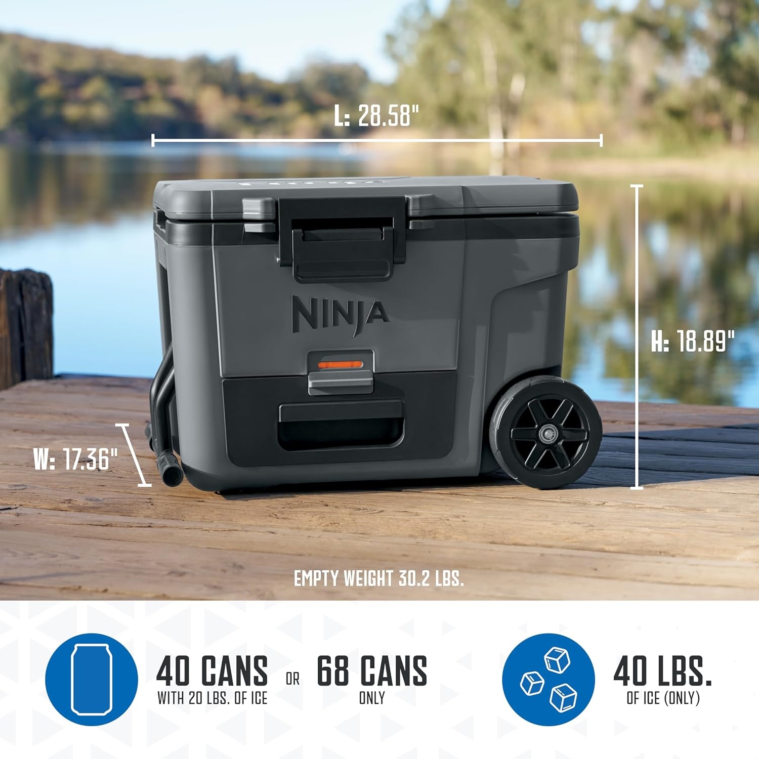 image:imageNinja FrostVault 45qt Cooler with Wheels Dry Storage Charcoal Gray Ninja FrostVaults 45qt capacity holds 68 cans keeps food cool amp dry and rolls easily on allterrain wheelsCharcoal Grey