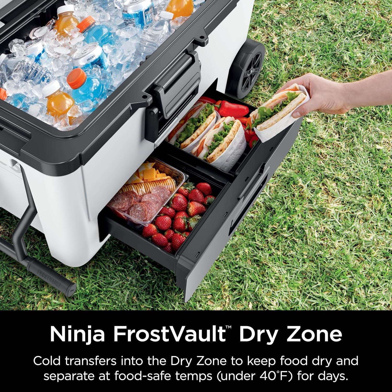 image:imageNinja FrostVault 45qt Cooler with Wheels Dry Storage Charcoal Gray Ninja FrostVaults 45qt capacity holds 68 cans keeps food cool amp dry and rolls easily on allterrain wheelsCloud White