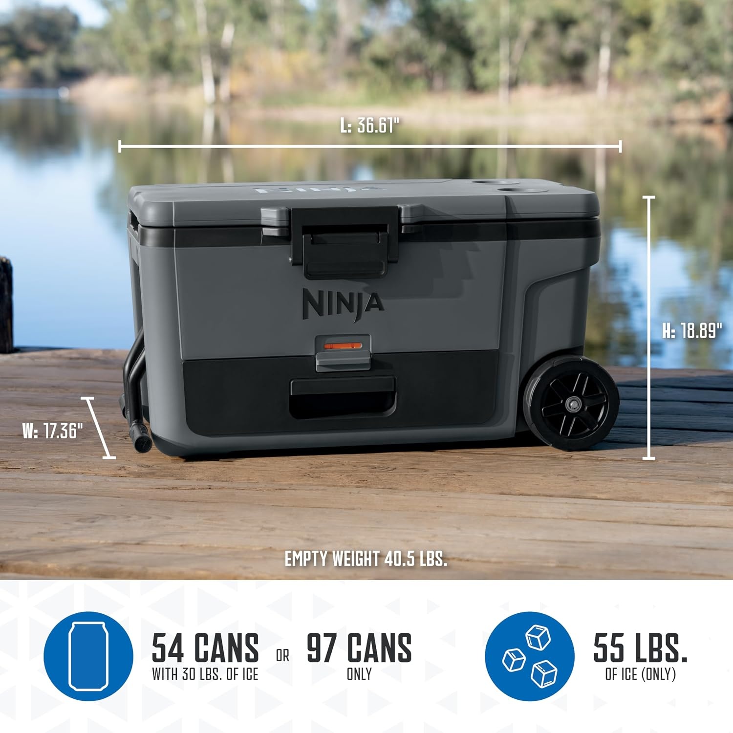 image:imageNinja FrostVault 45qt Cooler with Wheels Dry Storage Charcoal Gray Ninja FrostVaults 45qt capacity holds 68 cans keeps food cool amp dry and rolls easily on allterrain wheelsCharcoal Grey