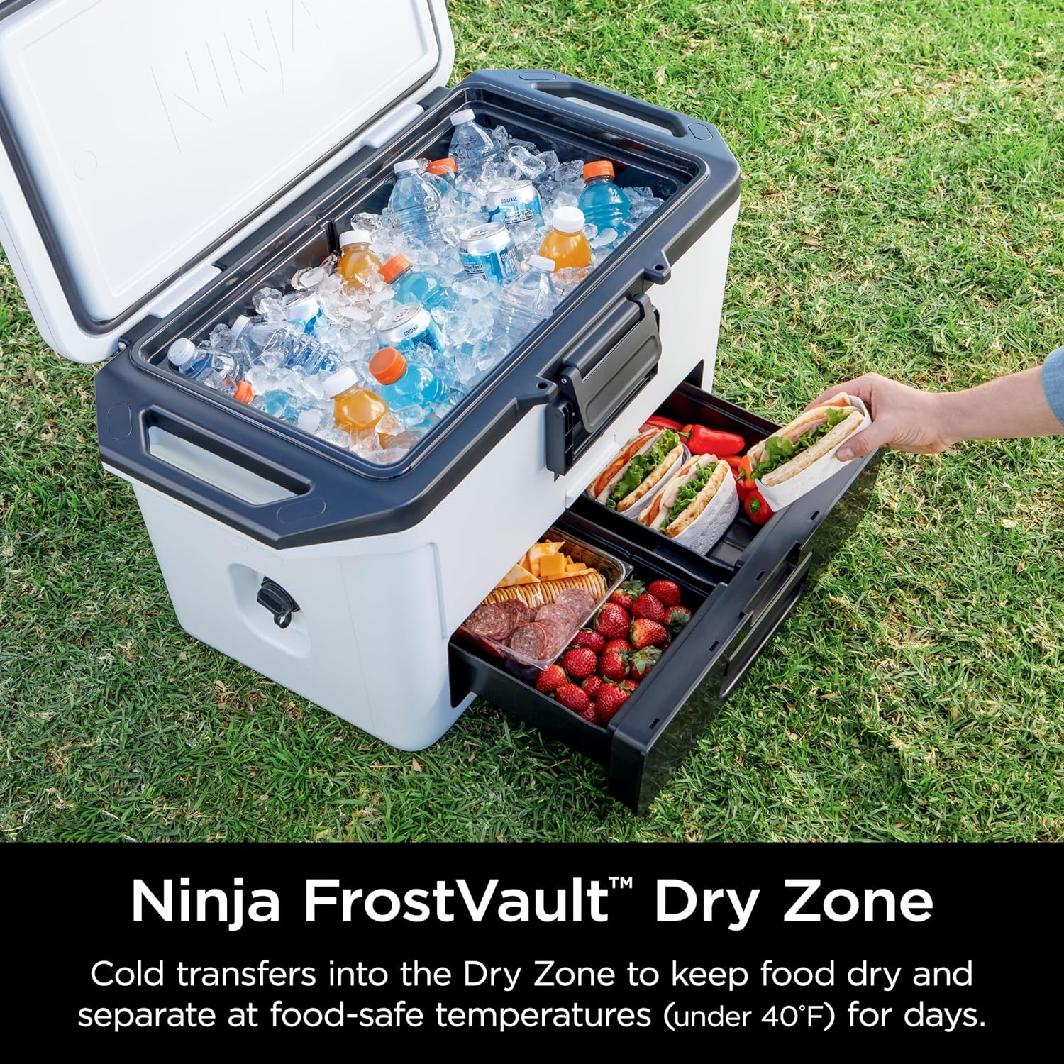 image:imageNinja FrostVault 50qt Hard Cooler with Dry Storage Drawer Spanish Moss Ninja FrostVault keeps food cool dry amp separate under 40F for days with 50qt capacity holding up to 80 cansCloud White