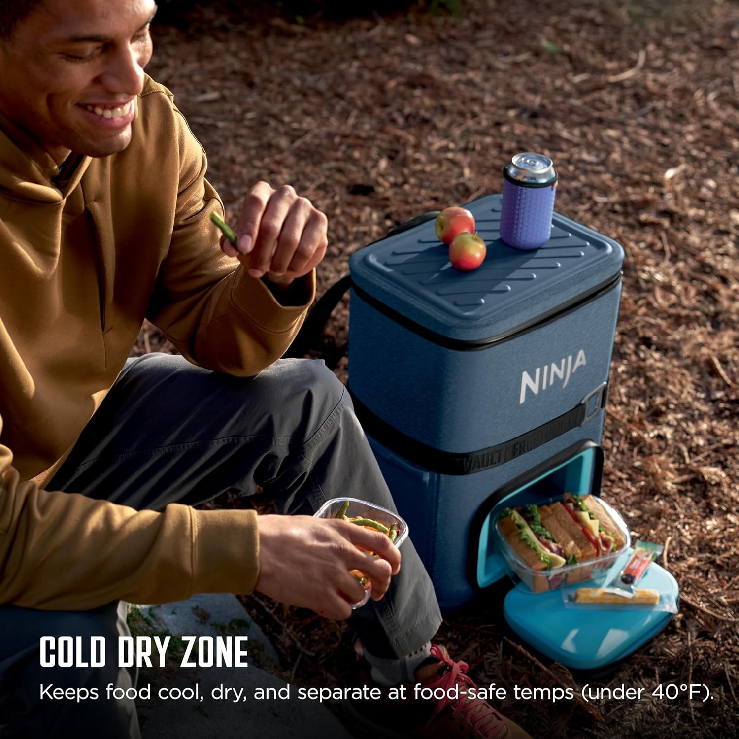 image:imageNinja FrostVault Go Soft Backpack Cooler Dry Storage Birch Beige Ninja FrostVault Go soft cooler stays cool for hours with a leakproof easyaccess lid and carries like a backpackBlue