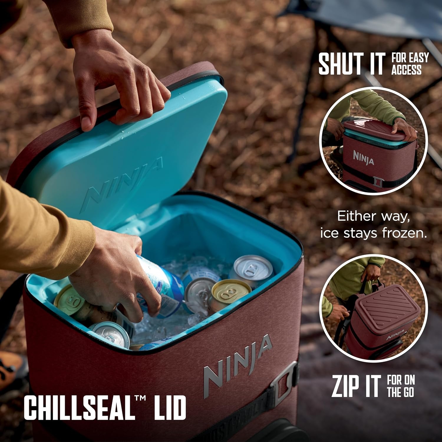 image:imageNinja FrostVault Go Soft Backpack Cooler Dry Storage Birch Beige Ninja FrostVault Go soft cooler stays cool for hours with a leakproof easyaccess lid and carries like a backpackCanyon Red