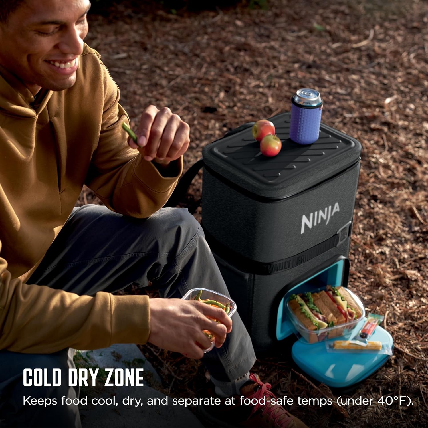 image:imageNinja FrostVault Go Soft Backpack Cooler Dry Storage Birch Beige Ninja FrostVault Go soft cooler stays cool for hours with a leakproof easyaccess lid and carries like a backpackDark Grey