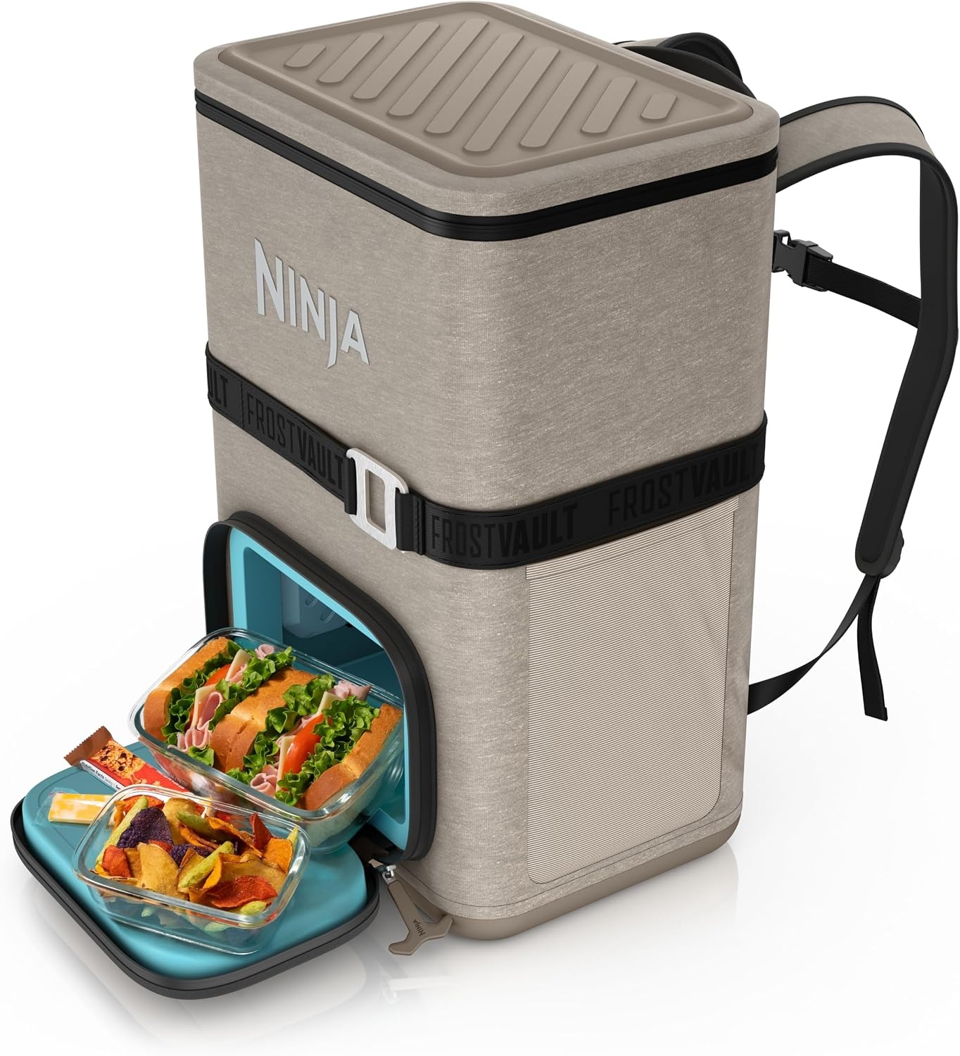 image:imageNinja FrostVault Go Soft Backpack Cooler Dry Storage Birch Beige Ninja FrostVault Go soft cooler stays cool for hours with a leakproof easyaccess lid and carries like a backpackBeige