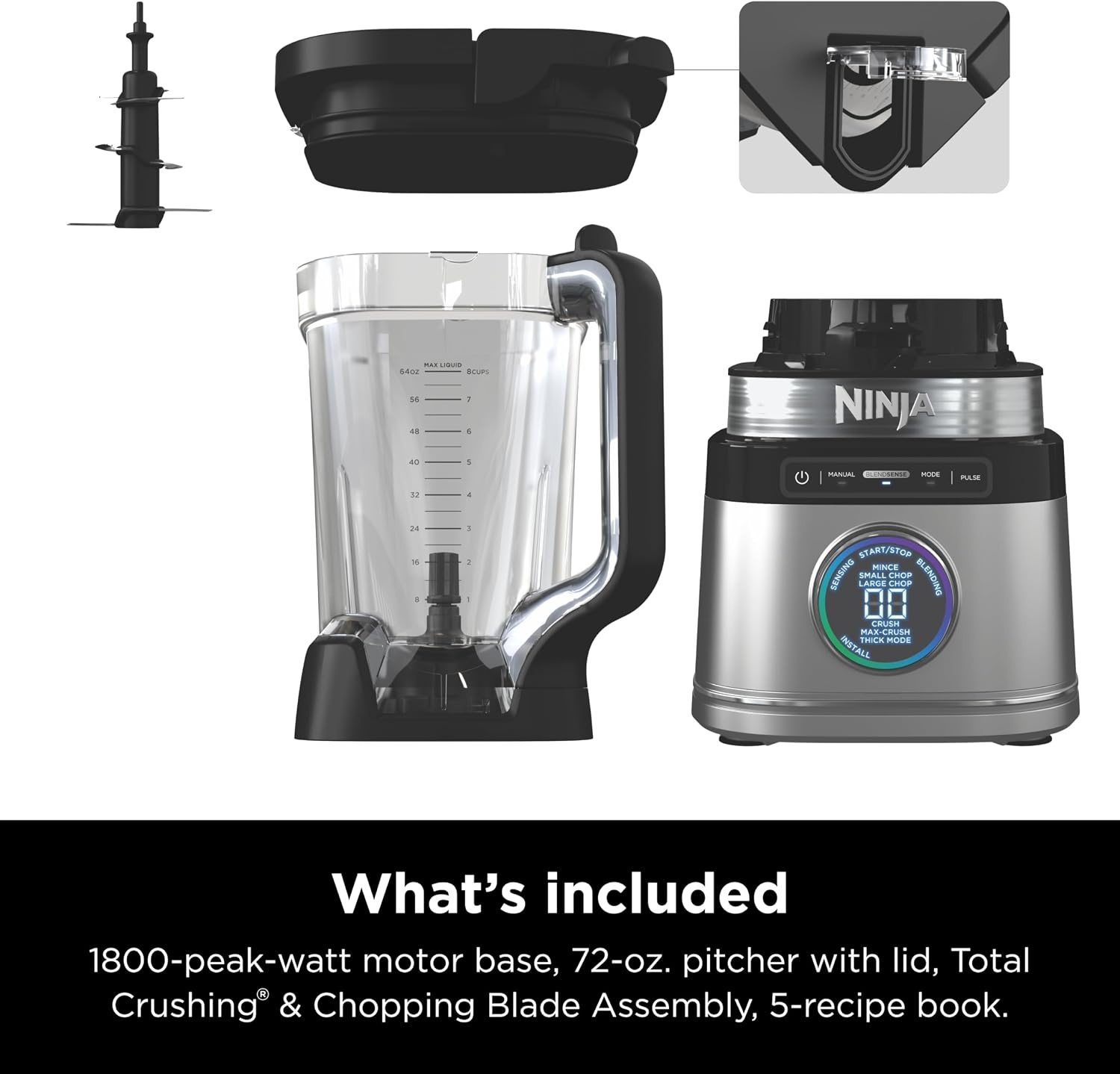 image:imageNinja Kitchen System BlendSense Tech 72 oz 1800PW Black TB401 BlendSense Tech for smoothies cookie dough salsa amp more 8cup processor bowl 24oz cup 1800 peak wattsNinja BlendSense