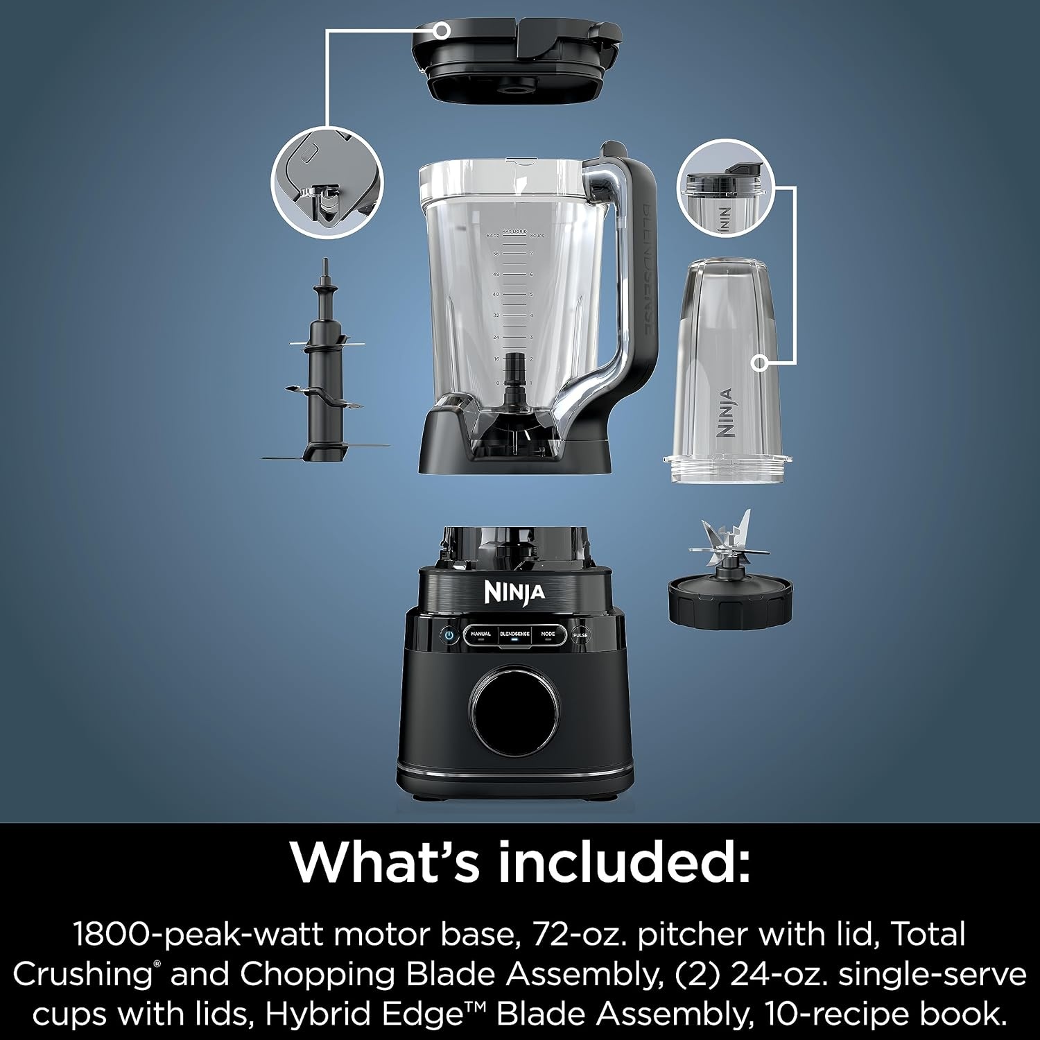 image:imageNinja Kitchen System BlendSense Tech 72 oz 1800PW Black TB401 BlendSense Tech for smoothies cookie dough salsa amp more 8cup processor bowl 24oz cup 1800 peak wattsNinja BlendSense Pro DUO