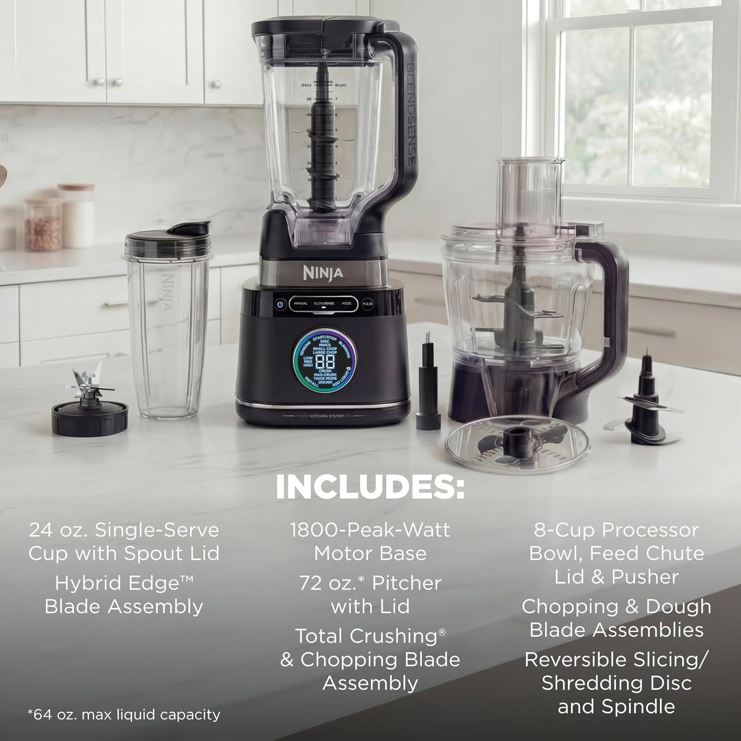 image:imageNinja Kitchen System BlendSense Tech 72 oz 1800PW Black TB401 BlendSense Tech for smoothies cookie dough salsa amp more 8cup processor bowl 24oz cup 1800 peak wattsNinja BlendSense Pro Kitchen System